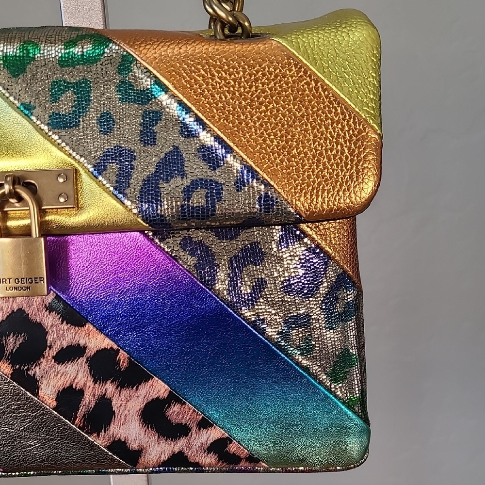 Kurt Geiger Brixton Lock Gold Rainbow Multi-Color Metallic Leather Bag Purse - Picture 4 of 16